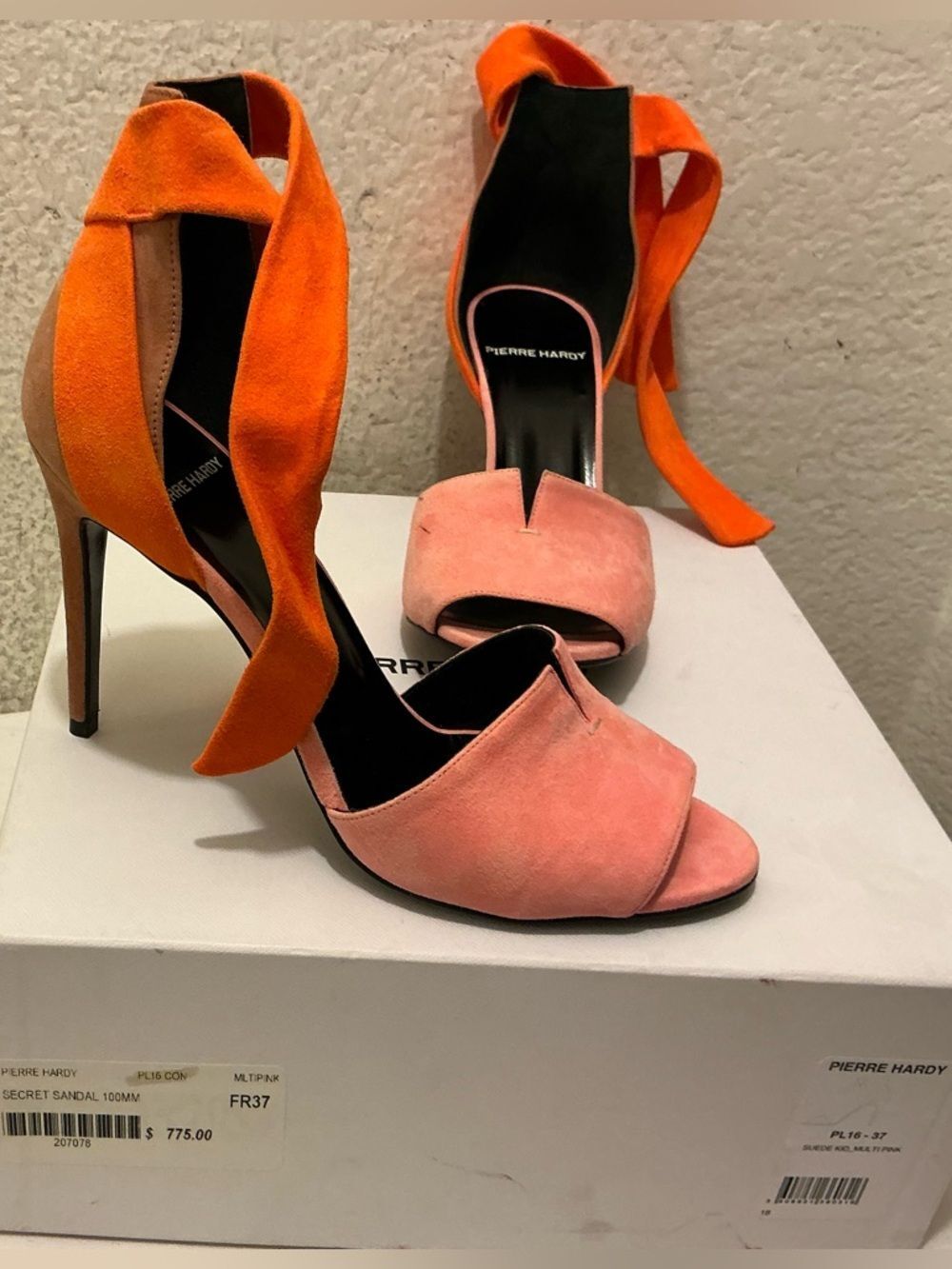 Pierre Hardy secret sandal Coral Pink Bright Orange Suede Wrap Stilettos $775